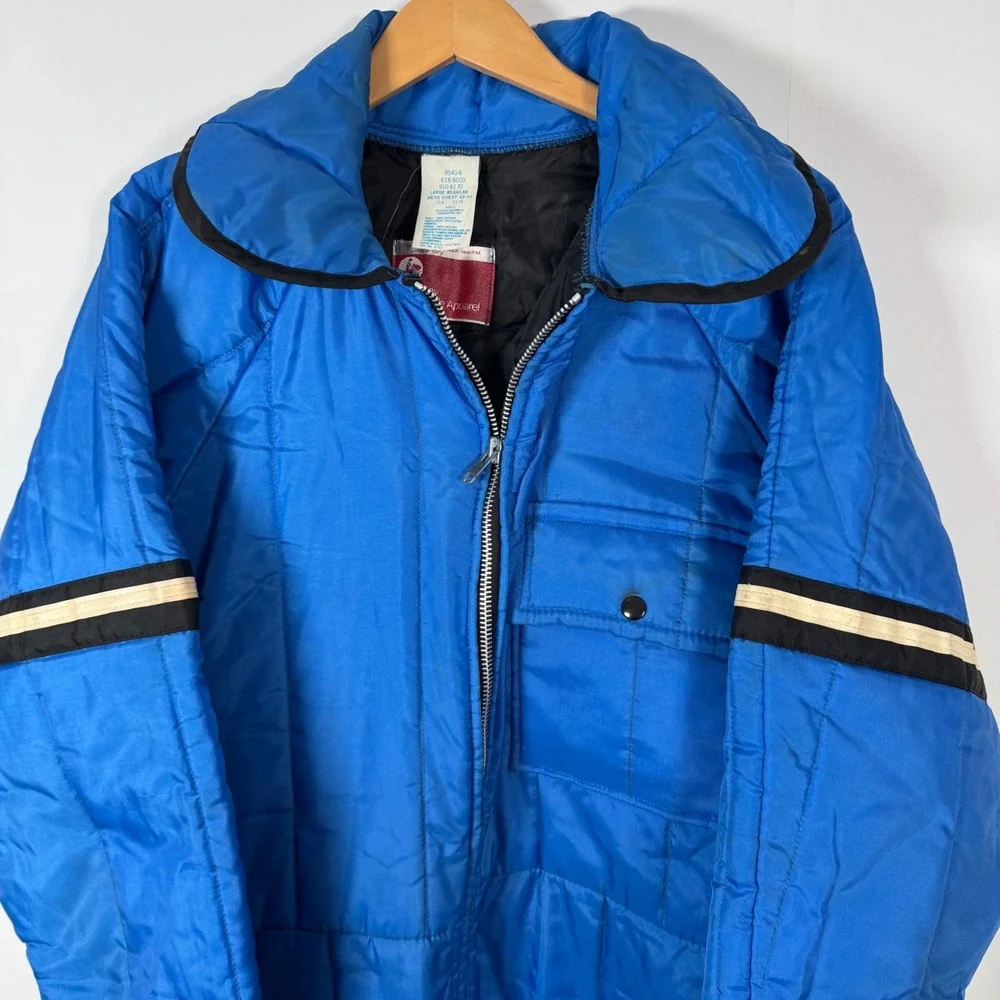 VTG JCPenney Snowmobile Ski Suit Men L Blue Coveralls Hood Belted Retro Gorpcore